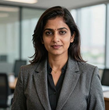 Headshot of an executive female director in stylish corporate attire, confident expression, Noida office background, South Asian / Indian, soft natural lighting.