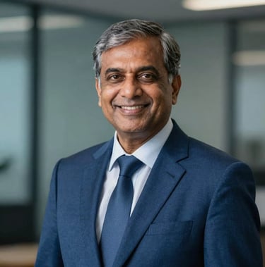 Headshot of a senior male HR partner in formal blue blazer, smiling warmly, corporate background with soft blue hues, South Asian / Indian, professional executive studio portrait.
