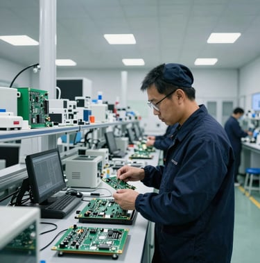 Wide-angle shot of a clean, organized industrial testing laboratory inside a recycling plant, professional technician in safety gear examining circuit boards, 35mm
