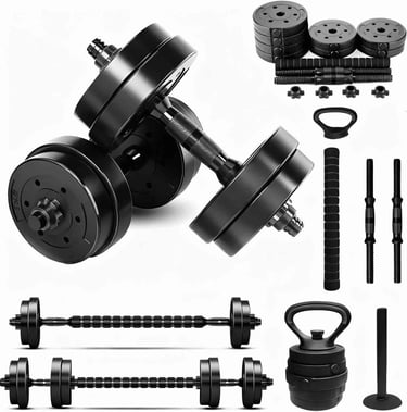 Kit de halteres ajustáveis 20kg com barra conectora e opção de kettlebell para musculação residencia