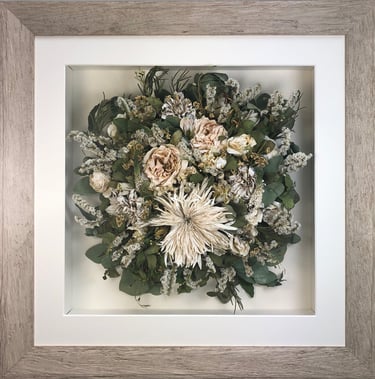 Stunning winter whites Birdseye view preserved wedding bouquet in a frame