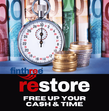 un orologio e monete e banconote con sotto le scritte finthree restore free up your cash & time