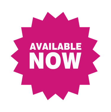 An eighteen point deep pink star with white text that says Available Now