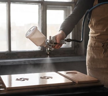 Professional woodworker using a pneumatic spray gun to apply a clear varnish finish to wooden boards.