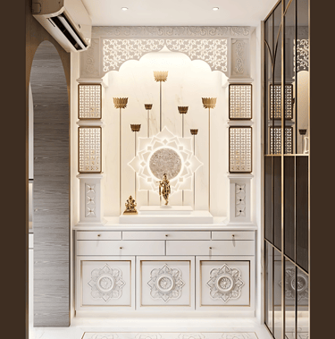 A modern CORIAN TEMPLE with intricate white carvings, lotus motifs, and a central deity statue, 