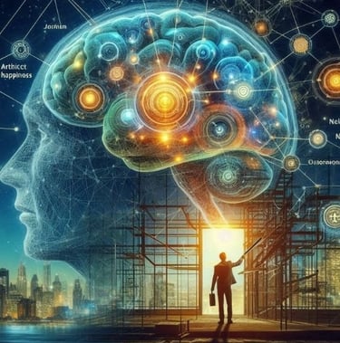 Persona frente a un cerebro iluminado y conectado, rodeado de nodos y redes futuristas. Svitlana Bytka.