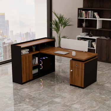 a desk with a computer desk and a laptop