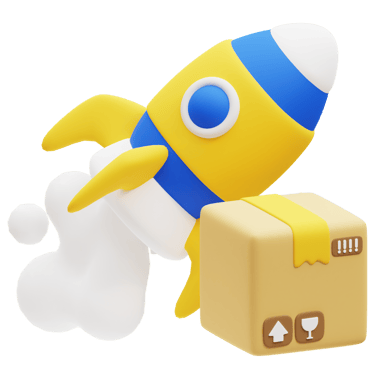 Illustration of a yellow rocket with blue accents taking off next to a sealed box. Express Delivery
