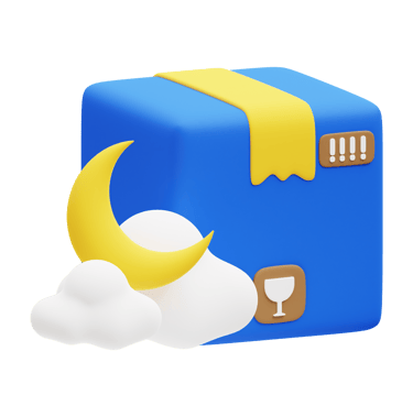 A blue package with a yellow tape, with icons including a crescent moon, Overnight Delivery