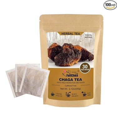a bag of chaga tea bags with a bag of chaga tea