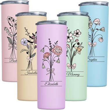 a variety of colorful colored tumbler cups with flowers