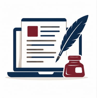 Blog writing icon featuring a laptop, article page, and quill pen.