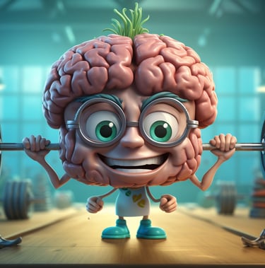 image humour cerveau heureux s'entrainant avec haltère symbolisant l'entraînement par neurofeedback 