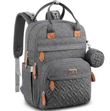 Diaper bag backpack with pacifier holder and quick snap stroller hanging straps