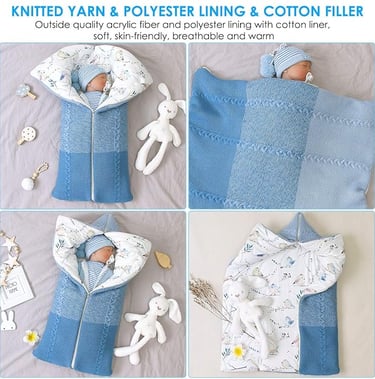 Knitted shell baby sleeping bag with cotton liner. Zipper access to open and convert to a baby blanket.
