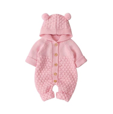 knitted baby romper with ears, pink