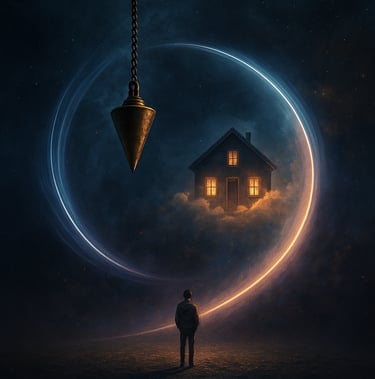 Stylized image of a person, a house they desire, and a pendulum