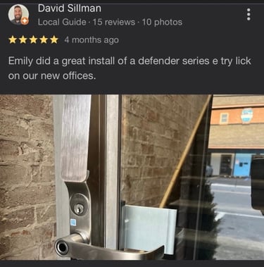 5 star Google review praising Jack's Locksmith commercial service in Burnsville NC