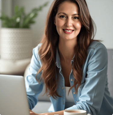 Sanem Aydın Yayla in a casual dress working at home