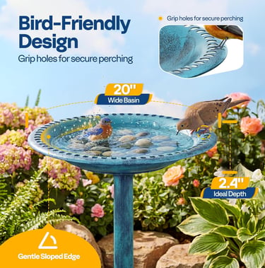 A 20-inch blue bird bath with grip holes and sloped edges for safe garden perching.