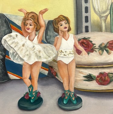 Tiny tutus, twirling the tears away. Oil on linen. 20 x 20 cm.. Sold