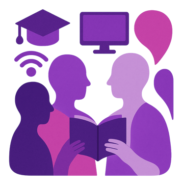 Abstract picture of people with educational icons (hats, wifi, books) around them