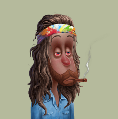 a Toker NFT with a beard, bloodshot eyes and a bandanna
