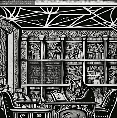 a black and white drawing of a man sitting at a desk