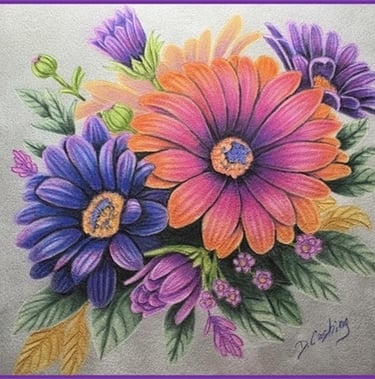 Debbie Cushing, color pencil, "Vibrant Daisies" Pocono Decorative Artists Zoom Class