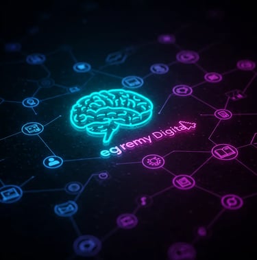 Icono de cerebro en neón sobre fondo oscuro con red de iconos de marketing digital (usuario, carrito, lupa, candado), Egremy 