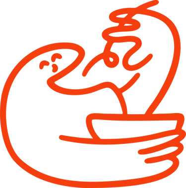 a red and black drawing of a bird in a bowl