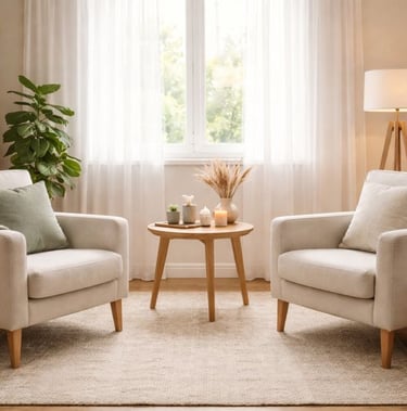 Een rustgevende therapieruimte met twee zetels.