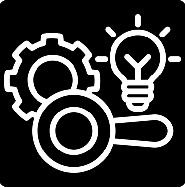 White outline icon showing a gear, magnifying glass, and light bulb representing business innovation.