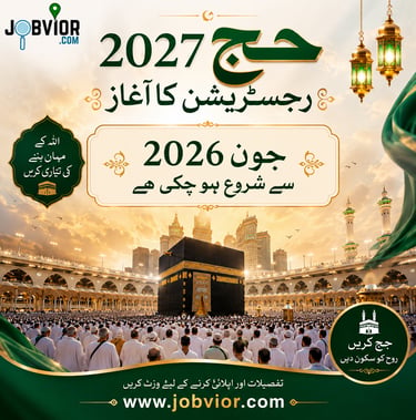 Hajj 2027 registration announcement with the Kaaba, pilgrims in Ihram, and Jobvior.com branding