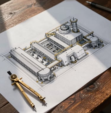 A professional architectural drawing of an industrial facility laid out on a dark wooden table, warm sunlight highlighting the precise grid lines, a brass compass resting on the edge.