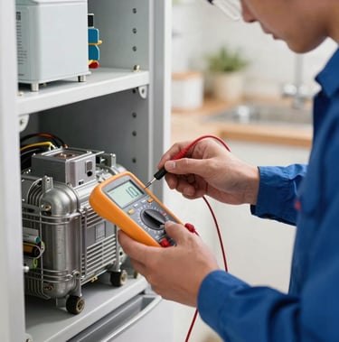 Close-up of a professional technician in a clean blue uniform using a digital multimeter to measure a refrigerator compressor motor inside a bright kitchen, natural light, hands visible working with precision tools.