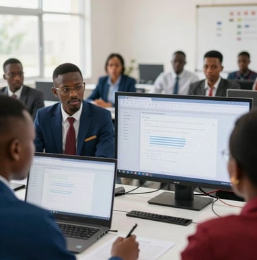 A bright, structured classroom training session in Douala with young professionals interacting with modern digital dashboards, sharp focus.