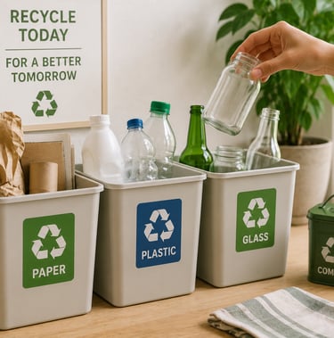 Sorting paper, plastic, and glass into recycling bins to reduce household waste.