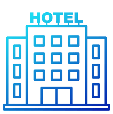 Hotel building with 'HOTEL' sign icon representing accommodation and hospitality services