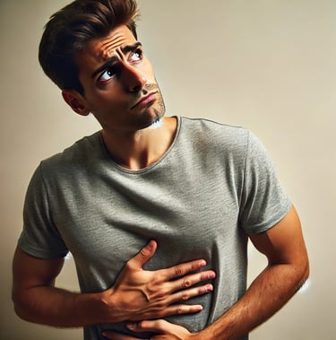AI generated image - person touching its stomach and thinking