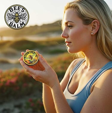 a woman holding a tin of Citrus Fragrance Bee's Balm beeswax based all natural skin salve on beach