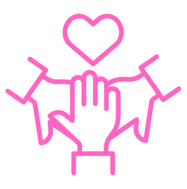 Pink outline icon of hands joined together below a heart symbol, representing community support and teamwork.