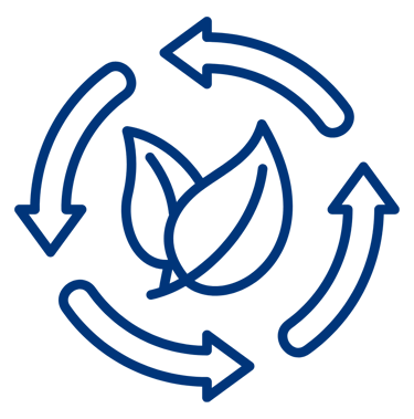 Blue circular recycling arrows icon surrounding two leaves, representing environmental sustainability and green energy.