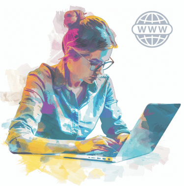 Colourful image of a woman using a laptop with the internet logo in the corner