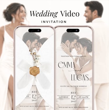 Elegant digital wedding video invitation displayed on two smartphones featuring a romantic couple and gold wax seal.