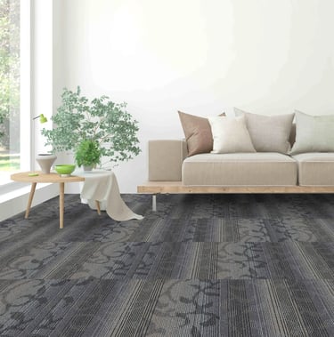 Floro carpet tiles, featuring a striped floral pattern in shades of grey - stylish and durable commercial carpet flooring.