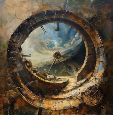 A portal with distressed clock face depicting the passing of time