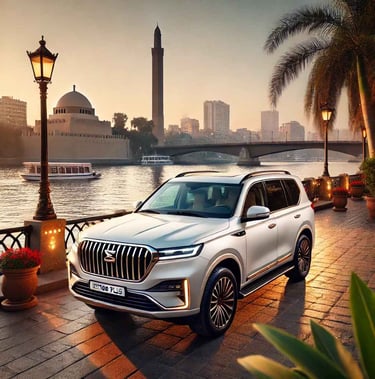 A luxury Jetour X90 Plus is seen on a desert road with a background of sand and clear skies, showcas