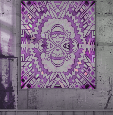 Purple symmetrical psychedelic mandala street art poster on a grey concrete wall