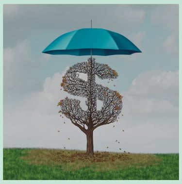 Atree shaped as a dollar sign with un umbrella over it symbolizing financial assistance